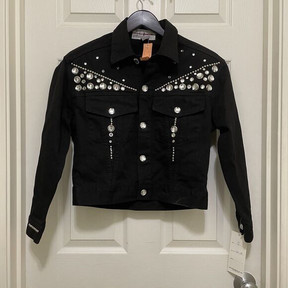 NWT Vintage Robin Berry Denim Jacket Black Rhinestone Small Western Glam USA 90s - Picture 1 of 14
